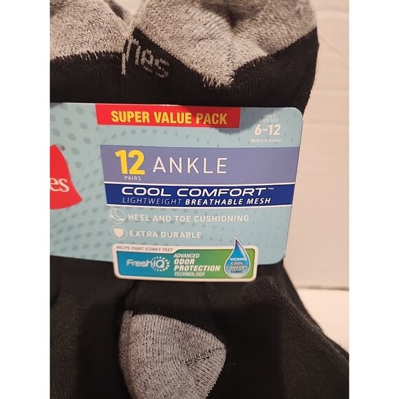12 pair HANES Men's Cushioned lightweight mesh Cool Comfort Ankle Socks Black - Picture 2 of 3